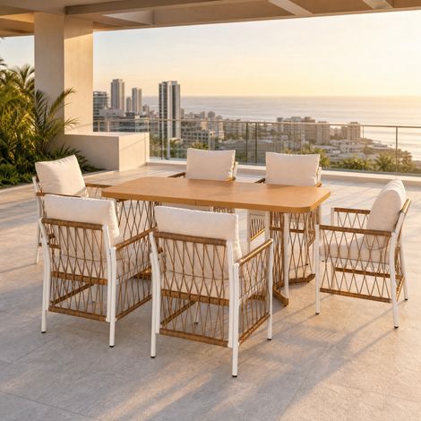DESMIU Salon de jardin avec table et 6 chaises, assises rembourrées, en fer et polyester beige (1/5)