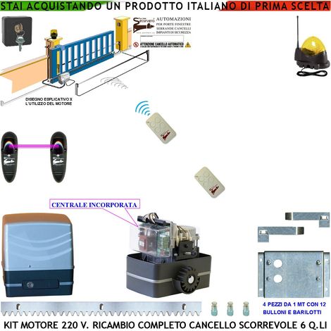 KIT AUTOMATISMO CANCELLO SCORREVOLE DA 4 MT MOTORE 220 V CON CENTRALE TRAINA 6 Q.LI 2 RADIOCOMANDI FARO ANTENNA SELETTORE FOTOCELLULE (1/4)