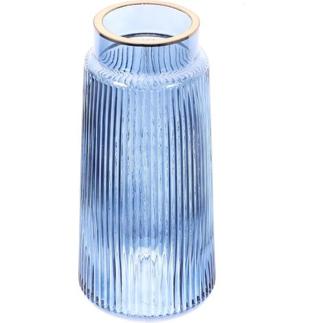 Vase en Verre à Rayures Verticales Vintage 25 Cm Gris Bleu Bord Doré – Vase Décoratif pour Arrangements Floraux et Décoration Intérieure Maison (1/5)