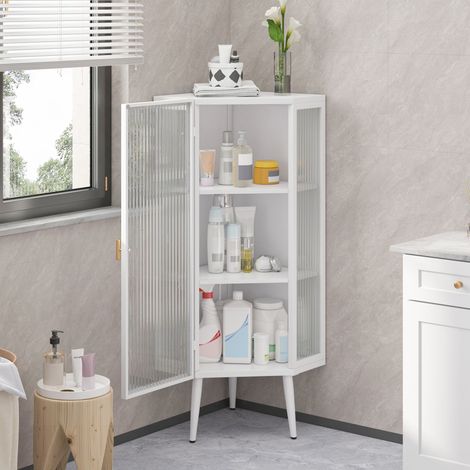 Armario esquinero de suelo de 110 cm, tres niveles con puertas de cristal templado y estantes para baño, salón y dormitorio, color blanco. (1/5)