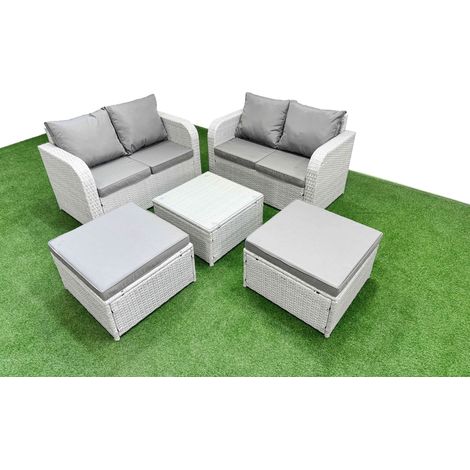 Fimous 6 Seater Outdoor Love Sofa Set Rattan Garden Furniture Set with Square Coffee Table 2 Footstool Light Grey (1/4)