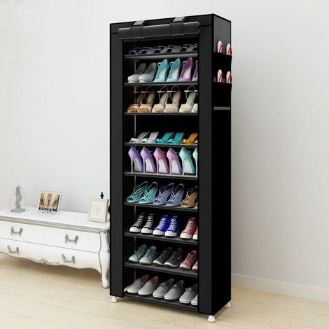 10-Tier Shoe Rack Cabinet, Black, 60 x 30 x 160cm, Metal Tubes (1/2)
