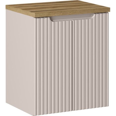 Set da bagno VANO cachemire e quercia 50cm: mobile sotto lavabo con armadietti scanalati verticalmente + piano per lavabo
