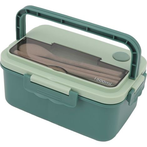 Boîte à lunch de 1500 ml en plastique résistant à la chaleur, de type bento, avec baguettes et cuillère, idéale pour les étudiants, couleur vert matcha. (1/5)