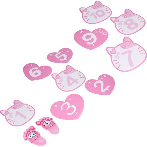 Autocollants amovibles pour marelle (10 chiffres) - Décoration de sol pour chambre d'enfant - Motifs roses et empreintes de pas - (1/5)