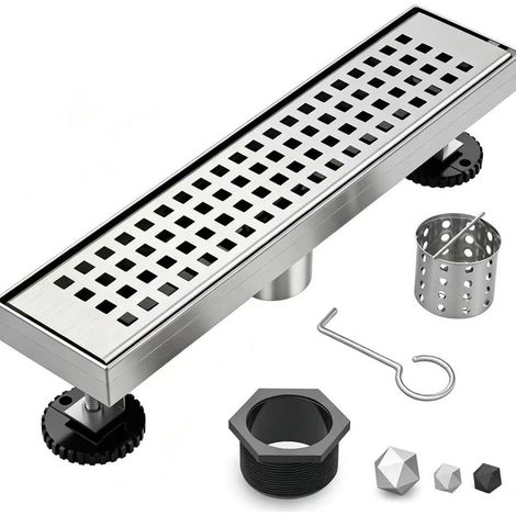 Caniveau de douche linéaire, caniveau de 12 pouces avec grille amovible, caniveau de douche en acier inoxydable, argent. (1/5)