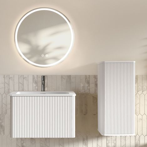 Meuble de salle de bain avec vasque, miroir LED rond 60 cm et colonne murale, blanc DESVIAE (1/5)