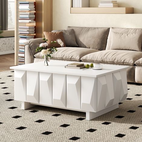 Modernluxe - Table basse moderne avec rangement - 3 portes - Panneau texturé 3D - 95x67x39.5cm - Panneaux de particules - Blanc (1/5)