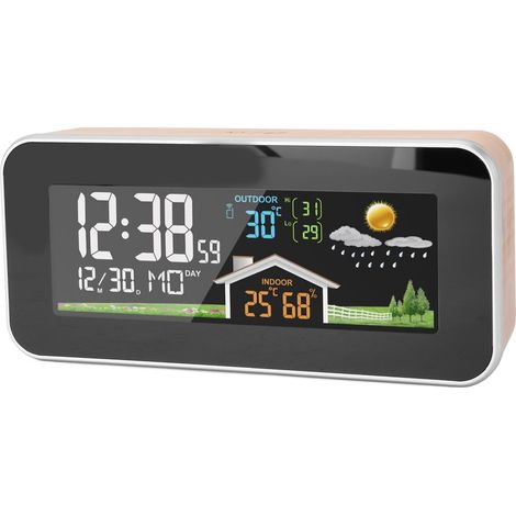 Horloge météo en bois de hêtre avec capteur sans fil température humidité, réveil numérique LCD pour intérieur extérieur (1/5)