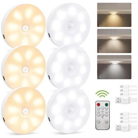 Lot de 6 veilleuses avec détecteur de mouvement, Lampe LED rechargeable USB à trois couleurs,Lumiere detecteur de mouvement interieur pour éclairage d'escalier, chambre, cuisine, chambre d'enfant. (1/5)