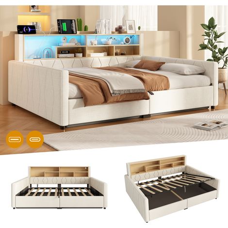 Lit banquette 2 places 140x200 cm en lin beige avec coffre hydraulique, ports USB-A et USB-C, éclairage LED multicolore, étagère et sommier à lattes (1/5)