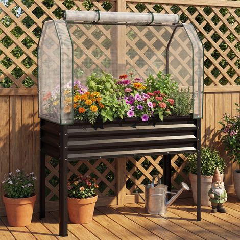 Bac potager surélevé avec housse de serre, métal galvanisé sur pieds 81 cm, pour légumes, fleurs et herbes (1/5)
