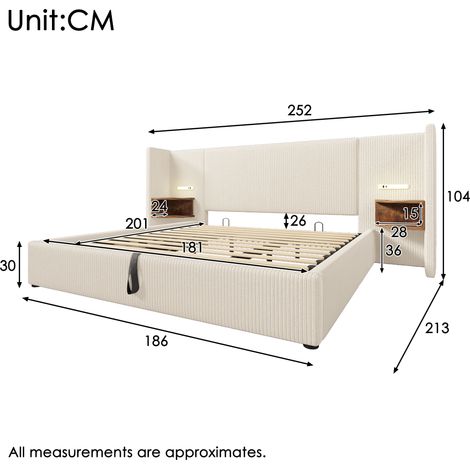 Lit double rembourré 180×200cm velours côtelé beige-blanc,chevet,lampe lecture,USB Type-C,cadre bois/métal sans matelas (1/5)