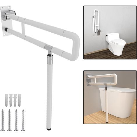 Wolketon Klappbarer WC-Stützgriff 60 cm mit Stützbein - Wandhaltegriff für Toilette und Dusche - Edelstahl Weiß - belastbar bis 200 kg