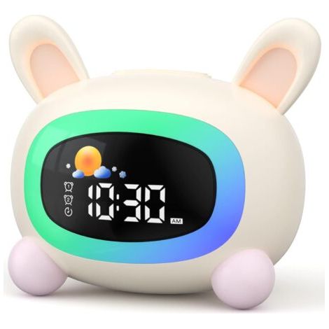 Pädagogischer Kinderwecker mit Nachtlicht, Geräuschen, 2 Weckzeiten, Wochenendmodus, Hasenmotiv (1/5)