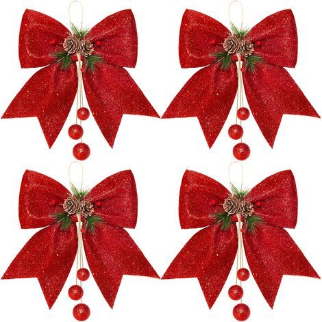 Sollbry Pailletten-Weihnachtsschleifen, rote Kranzschleifen, Pailletten-Weihnachtsbaumschleifen, dekorative Weihnachtsschleifen für Zuhause, 4 Stück (1/4)