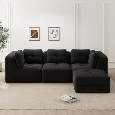 Sofá esquinero L modular sin armazón de pana negra con otomana, 3 plazas (1/5)