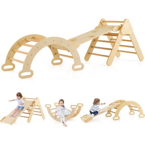 Lot de 3 triangle d'escalade bois 75 x 55 x 64 cm avec rampe réversible et système de jeu varié en bois de hêtre naturel (1/2)