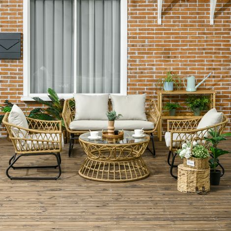 Salon jardin 4 pièces en résine tressée : canapé double, 2 fauteuils, table basse teinte crème et sable (1/5)