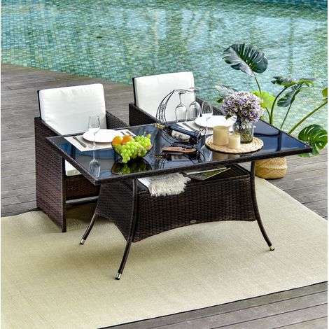 Mesa de jardín 150x85x74 cm marrón de metal con ratán sintético y vidrio de seguridad (1/5)