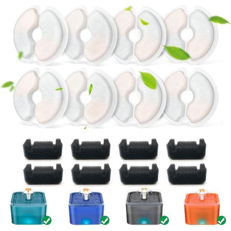 Lot de 8 filtres de fontaine à eau pour chat + 8 filtres éponge, charbon actif de 10,5 cm et résine de rechange pour fontaine pour animaux de compagnie de 2 L/2,5 L - Triple système de filtration pour (1/5)