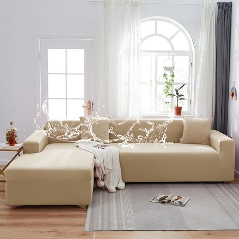 Fodera per divano impermeabile e anti-polvere in poliestere elastico – Coperta universale per divano da 2-3 posti (90–140 cm), color crema, senza fodera per cuscini