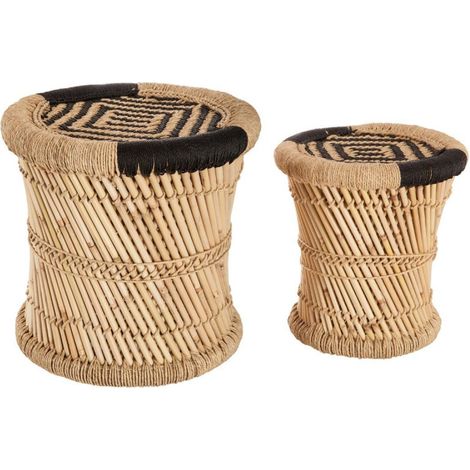 Atmosphera – Ensemble de 2 tables d'appoint en chanvre et bambou – Corde noir – Diamètre 38 cm et 30 cm – Style bohème pour séjour