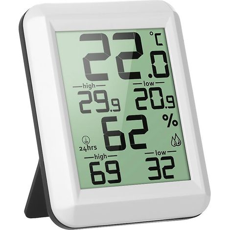 Mini-Digitalthermometer mit LCD-Anzeige für den Innenbereich (°C/°F) und Hygrometer-Funktion zur Anzeige von Temperatur und Luftfeuchtigkeit.