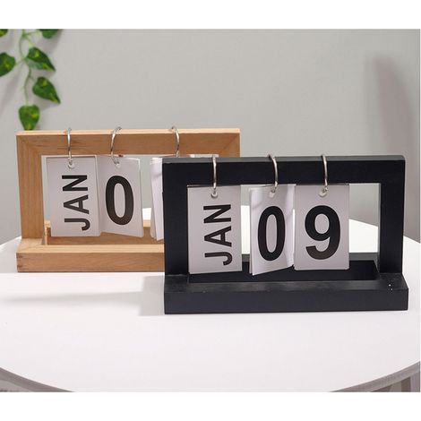 Calendrier de bureau en bois à pages tournantes, réutilisable, décoratif pour la maison, noir (1/3)