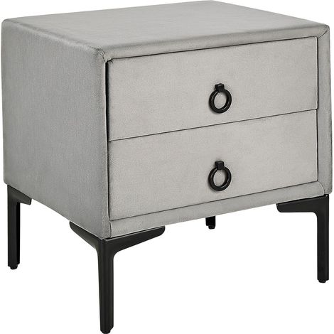 Beliani – Table de chevet en velours gris clair avec 2 tiroirs – MDF durable et piètement acier noir – Dimensions 44x38x45 cm – Style moderne et glamour (1/5)