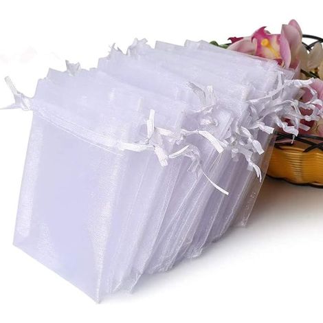 Paquete de 100 bolsas de regalo de tul blanco transparente con cordón, ideales para joyas, recuerdos de boda, fiestas y jabones (10x12cm). (1/5)