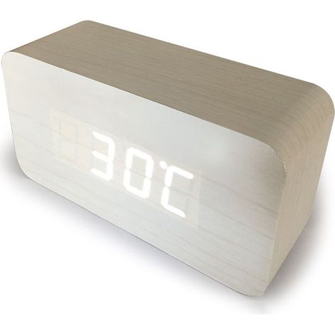 blanc Numérique Réveil Bois Réglable Luminosité Contrle Vocal LED Horloge Rectangle Affichage Temps Température Décor à La Maison (1/3)