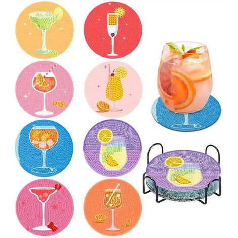 8X Diamond Painting Dessous de Verre avec Support,Dessous Verre à Cocktail - Peinture Diamant,Diamond Painting Bricolage pour Tasses,Verres à vin,vases et Cuisine à la Maison (1/5)