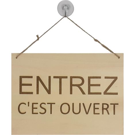 Panneau "Ouvert - Fermé" en bois brut format A4 avec fixation ventouse