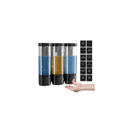 Distributeur de Savon Mural 3 Compartiments, 300ML, Sans Perçage, Distributeur Gel Douche et Shampooing Noir (1/5)