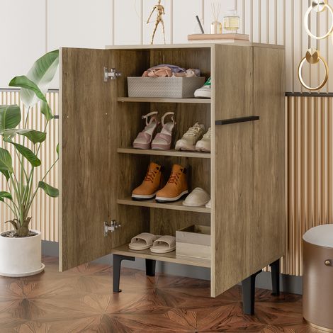 Zapatero 60 x 31,5 x 95 cm, 2 puertas para entrada, tablero aglomerado, negro/madera (1/5)
