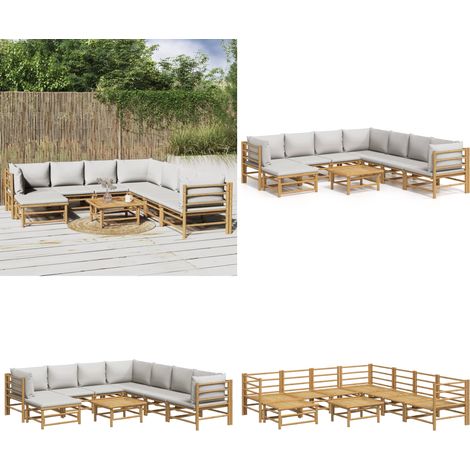 9-tlg. Garten-Lounge-Set mit Kissen Hellgrau Bambus - Bambus Möbel - Gartenloungeset - Outdoor Möbel - Esstisch - Wohnzimmergarnitur - Home & Living (1/5)