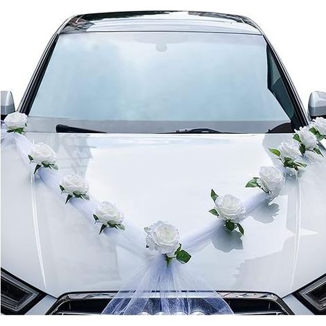 – Kit de décoration de voiture de mariage – 9 fleurs artificielles blanches – Rubans 180cm – Fixation ventouses et sangles – Pour voiture de la mariée (1/5)