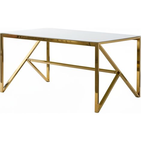 Table à Manger Design Verre Trempé Marbré Blanc & Doré – 150×90 cm (1/5)