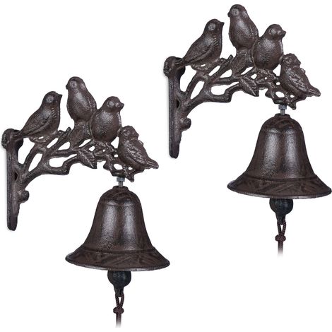 Relaxdays Set of 2 Cast Iron Doorbells, Antique Bird Country Look, Clear Sound, Garden Ornament, Weatherproof, Brown
