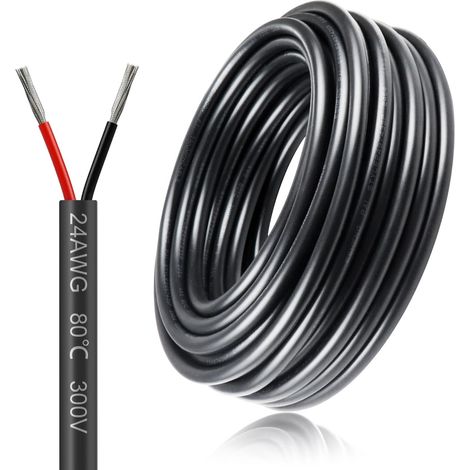 Câble électrique 24 AWG - 2 x 0,2 mm² - 20 m - Câble électrique à 2 fils - 5 V/12 V/24 V - Câble de terre en cuivre étamé - 300 V - Flexible et souple - Résistance aux températures élevées - Rallonge (1/5)