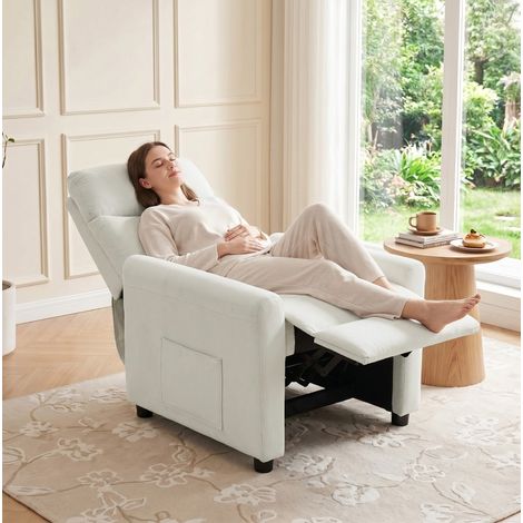 Fauteuil relax inclinable en polyester blanc crème avec poches latérales OKWISH (1/5)