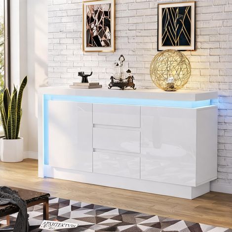 Sideboard blanc laqué 140 cm avec LED et rangement coloris blanc (1/5)