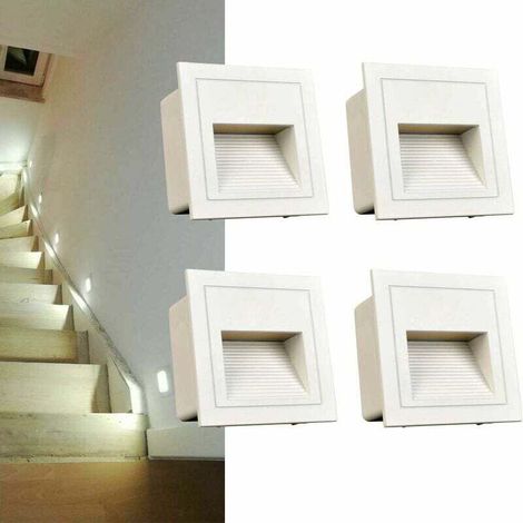 Juego de 4 luces LED empotrables de pared cuadradas, blanco frío, IP65, para escaleras, luces de escalón, aluminio, iluminación y luces decorativas, carcasa blanca. (1/4)
