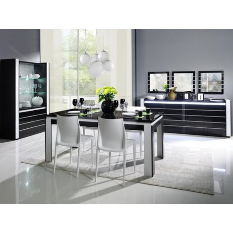 Meublorama – Salle à manger complète LINA noire et blanche avec éclairage LED – Vitrine 120x185cm – Buffet 4 portes 220x87cm – Table 160x78cm