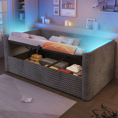 Lit 90x200cm - lit coffre 90x200cm avec sommier - canapé-lit LED - Lit de jour sans matelas - velours, gris (1/5)