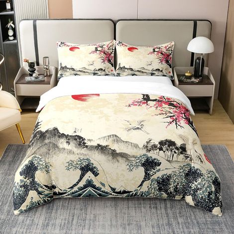 Parure de lit style japonais 100 % coton avec housse de couette de 220 x 240 cm, motif Sakura, thème rétro traditionnel, branches de fleurs botaniques, blanc/rose (1/5)