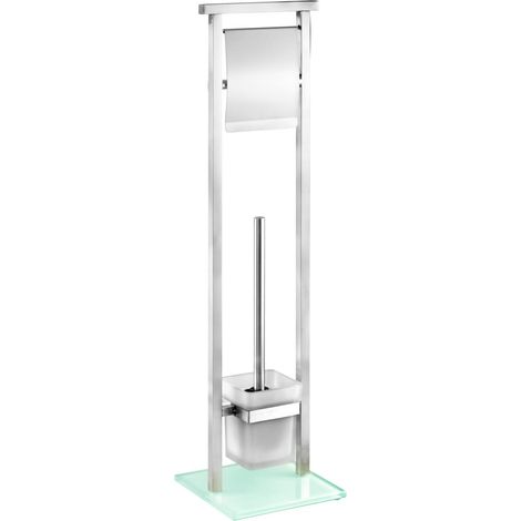 Serviteur WC 2en1 Debar Brosse WC à tête remplaçable et dérouleur Papier Toilette Porte Brosse en Verre dépoli Tubes en Acier INOX et Socle en Verre trempé 73x18 cm INOX et Verre (1/5)