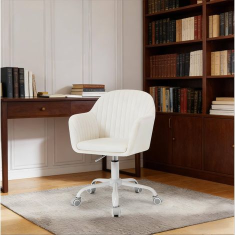 Chaise de bureau en velours blanc creme avec accoudoirs integres, reglable et pivotante 360°, 58 x 79,5-87 x 58,5 cm (1/5)