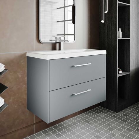 Hudson Reed Juno Matt Coastal Grey 800mm Wall Hung 2 Drawer Vanity Unit and Minimalist Ceramic Basin - JNU2326B (1/5)